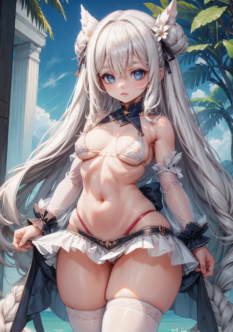 Cute loli, shortstack, long white hair, small breasts, thick thighs, wide hips, sexy sheer micro bikini.