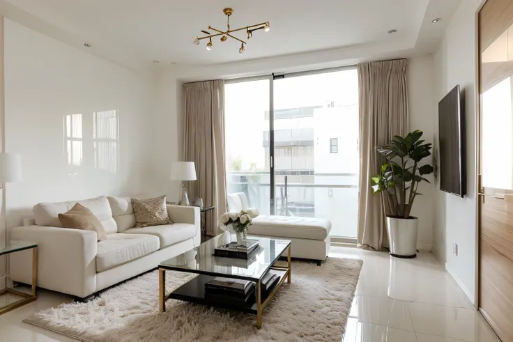 Picture a stylish 1LDK room that exudes modern elegance. The living space is bright and airy, with contemporary furniture and decor. On a sleek coffee table, theres a stack of currency notes symbolizing wealth, next to a modern telephone. The lighting is s...