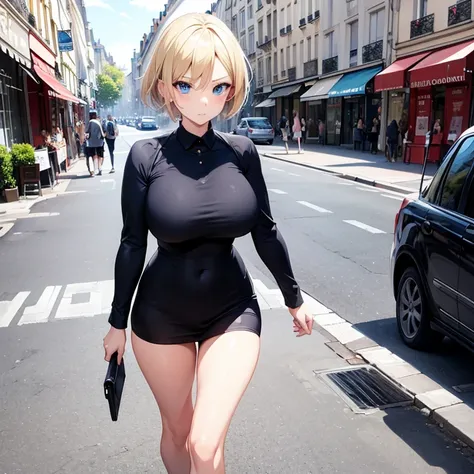 2D Anime Style、Blue eyes、breasts are slightly larger、A cool adult woman with short blonde hair and a serious expression....、Fashion that shows your stomach, Walk through the streets of Paris,