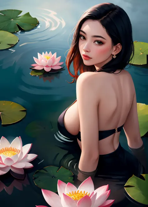 aoyem, The womans beauty can be enhanced by the reflection of the lotus flowers in the water. The vibrant colors of the lotus flowers can also add to the beauty of the scene, creating a harmonious blend of colors, RAW photo,(high detailed skin:1.2), 8k uhd...