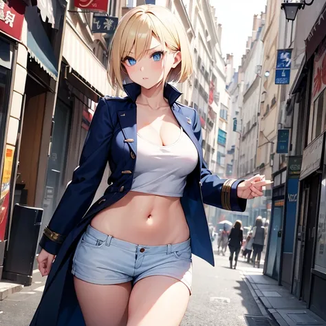 2D Anime Style、Blue eyes、breasts are slightly larger、A cool adult woman with short blonde hair and a serious expression....、Fashion to show your stomach and wear a coat, Walking the streets of Paris,