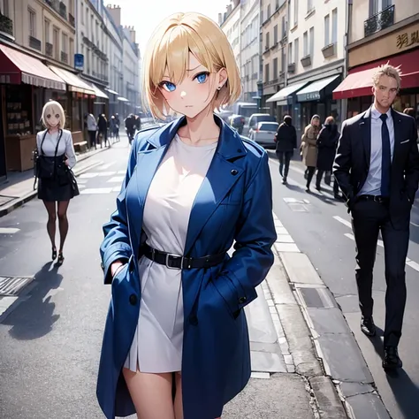 2D Anime Style、Blue eyes、breasts are slightly larger、A cool adult woman with short blonde hair and a serious expression....、Fashion to wear a coat with your stomach exposed, Walking the streets of Paris,