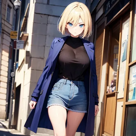 2D Anime Style、Blue eyes、breasts are slightly larger、A cool adult woman with short blonde hair and a serious expression....、Fashion to wear a coat with your stomach exposed, Walking the streets of Paris,