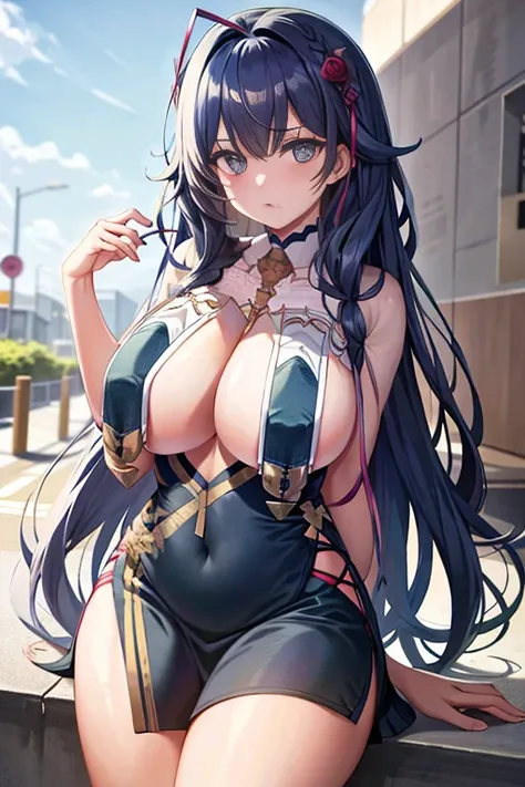 tmasterpiece， Best quality， 1 plump girl， Long gray hair， looking at viewert， ：3， Cute big breasts， black school uniform， luring， the street， Denim lenses，The cleavage is larger， curves， （（（eBlue eyes）））， Makeup Gremory，Blue hair， antenna hair， wavey hair，...