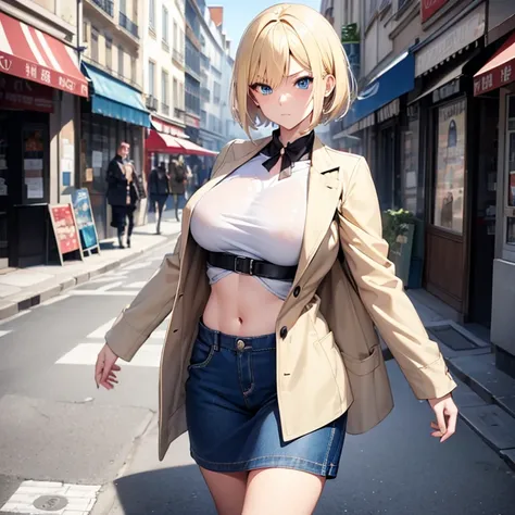 2D Anime Style、Blue eyes、breasts are slightly larger、A cool adult woman with short blonde hair and a serious expression....、Fashion to wear a coat with your stomach exposed, walking alone in the streets of paris,