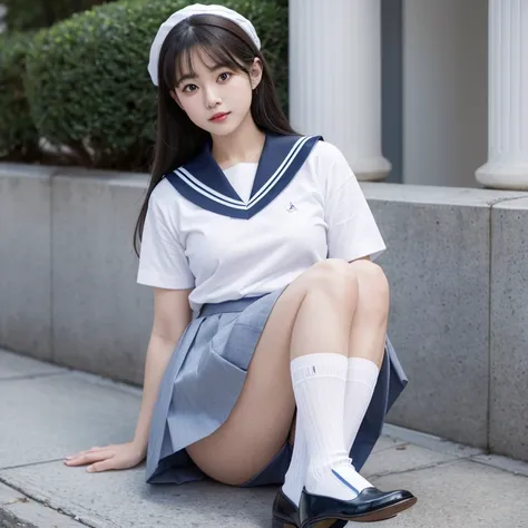 Wearing a white sailor uniform with a blue stripe on the collar and a light gray skirt，A pair of lacy black socks tightly wrapped around the even calves and feet，wearing brown shoes