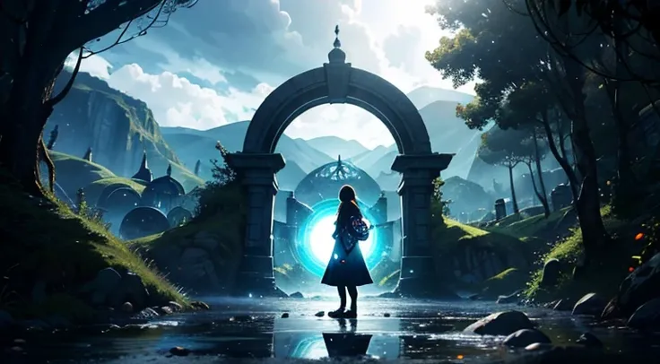 a woman with a portal around her with a different landscape from the other in an alternative world with very detailed details