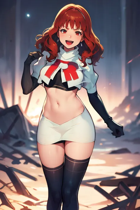 celica fe, team rocket uniform, red letter r, white skirt,white crop top,black thigh-highs,black elbow gloves, evil laugh, cowbo...