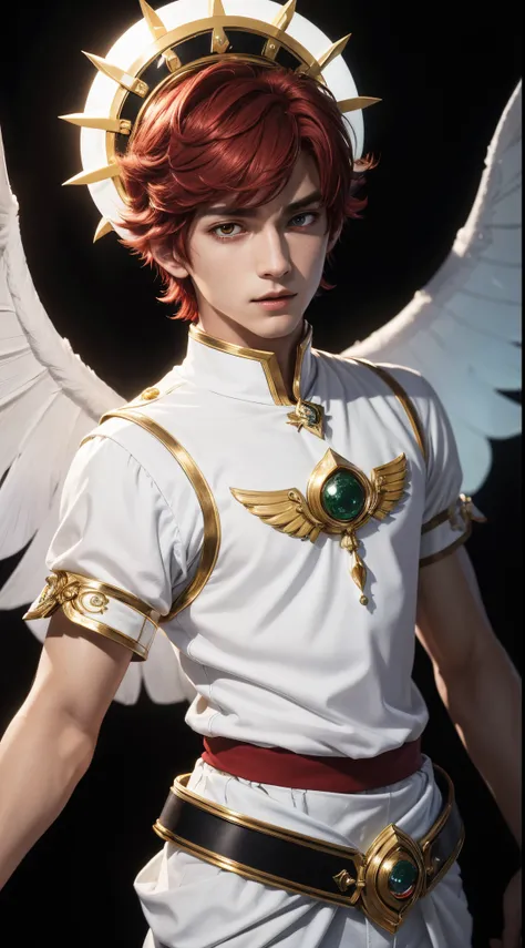 (absurdres, highres, ultra detailed, HDR), masterpiece, best quality, "magic knight rayearth" Character handsome boy in white outfit short hair wearing headgear dark red hair