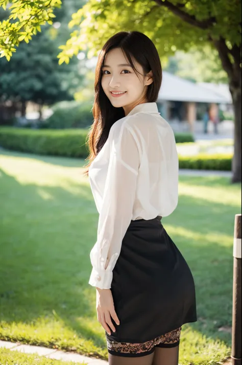 ulzzang -6500-v1.1, (Raw photo:1.2), (Photorealsitic),(Real: 1.4),  Popular actresses、(white  shirt:1.2), (black lace skirt:1.3)、(Ultra-realistic pantyhose:1.2), game_nffsw,  Ultra-realistic skin texture、shinny skin、turned around、Exposed thighs!!!、Smile of...