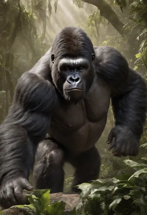 Visualize a realistic depiction of King Kong, his colossal form dominating the dense jungle, positioned beside a tumultuous river. His fur, intricately detailed, bristles with the intensity of his anger. The play of light and shadow accentuates the muscula...