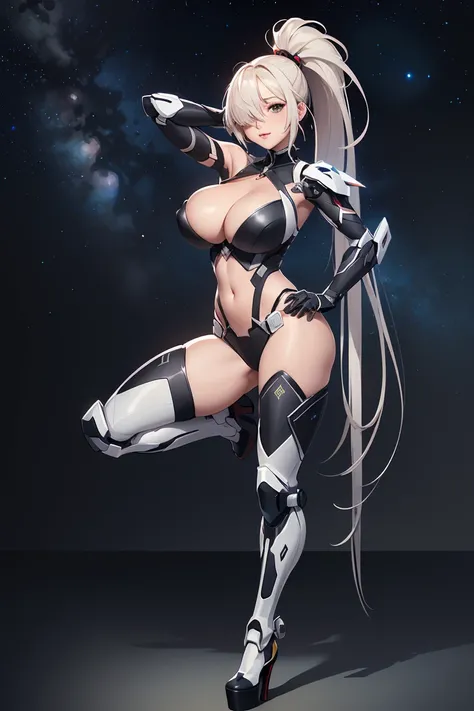 (Best quality at best,Unbeatable masterpiece:1.4),Ultra-detailed CG 4K,Black metal mech，Single high ponytail，Metal heels，Huge cleavage，Nipple presentation，Long white hair，AS-Adult，hair covering one eye，smooth thigh，standing with legs apart，in the stars，fac...