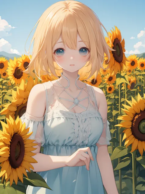 Anime style, 1 girl, 独奏, blonde woman, Cyan eyes, whitedress, upper-body, Big Face, sunflowers, Sunflowers, background field of sunflowers