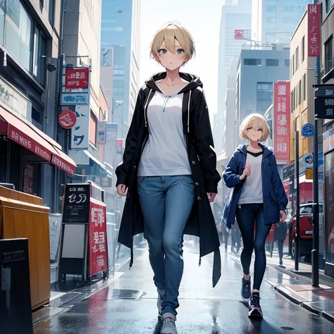 2D Anime Style、Blue eyes、breasts are slightly larger、A cool adult woman with short blonde hair and a serious expression....、Fashion wearing a hoodie, Baggy long denim pants and long coat, Full body illustration、Walking around the city alone,