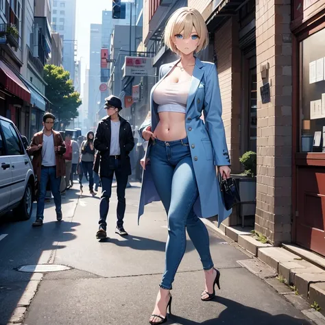 2D Anime Style、Blue eyes、breasts are slightly larger、A cool adult woman with short blonde hair and a serious expression....、Fashion that shows your stomach, Straight long denim pants and long coat, Full body illustration、Walking around the city alone,