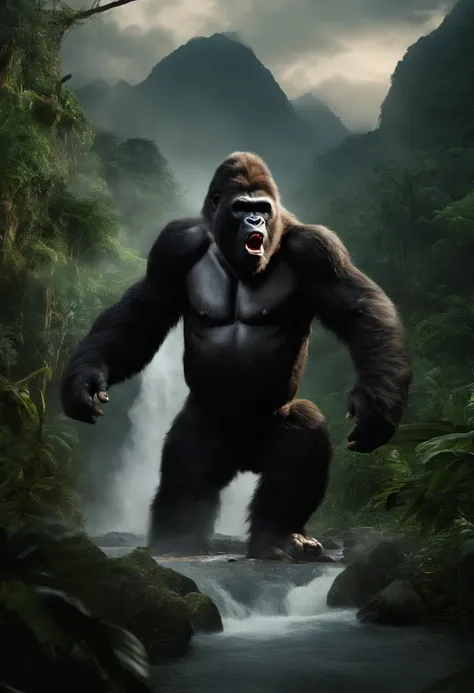 Picture King Kong in an angry mood within the dense jungle, situated near a roaring river. Envision the towering apes massive form, muscles tensed, and fur bristling with frustration. The jungle foliage surrounds him, emphasizing the primal fury as he glar...