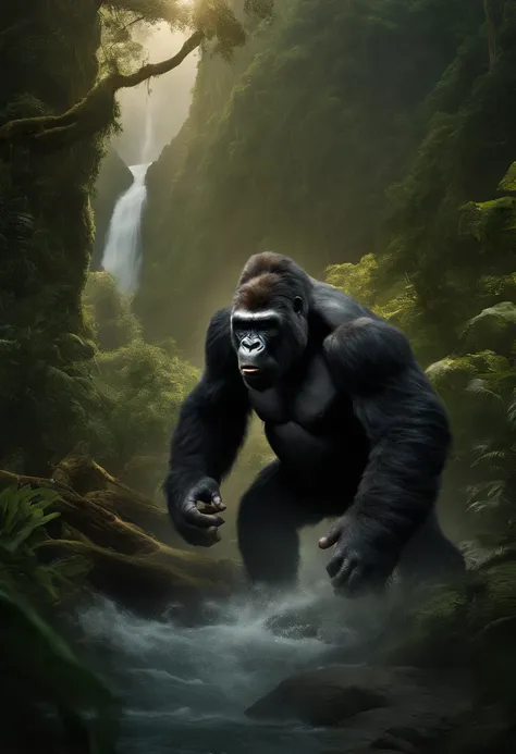 Picture King Kong in an angry mood within the dense jungle, situated near a roaring river. Envision the towering apes massive form, muscles tensed, and fur bristling with frustration. The jungle foliage surrounds him, emphasizing the primal fury as he glar...