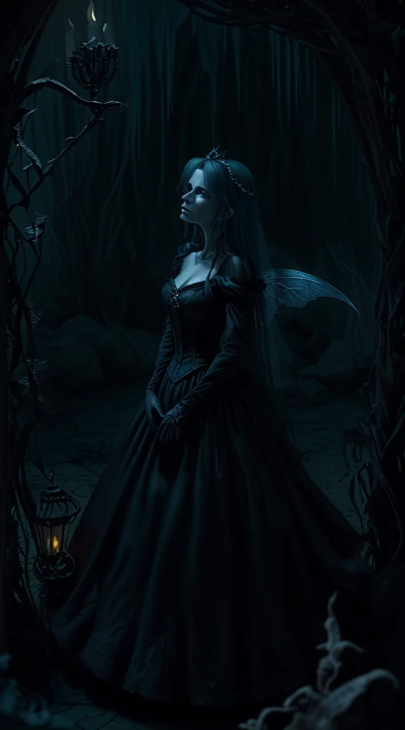 Convey a dark and mysterious ambiance reflecting the sinister side of the fairy mother character who will assist Cinderella in the forthcoming gruesome scenes.