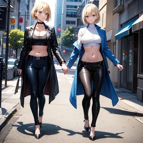 2D Anime Style、Blue eyes、breasts are slightly larger、A cool adult woman with short blonde hair and a serious expression....、Fashion that shows off your stomach, long leather pants and long coat, high heeled shoes,Walking around the city alone,