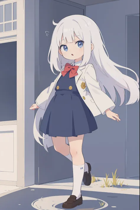 Anime style,white colored hair, in full height, school, Background school, high school uniform, stands half-sideways, looks at the viewer