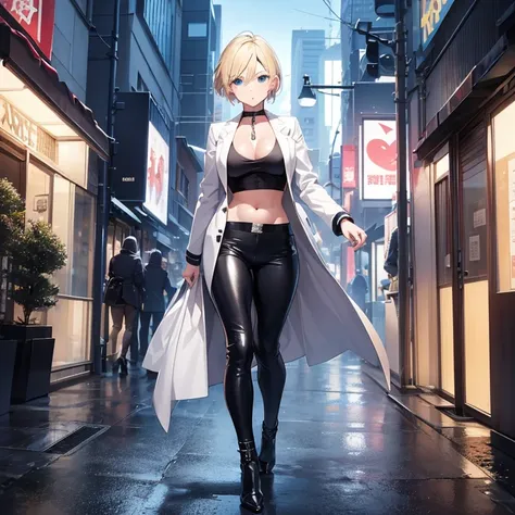 2D Anime Style、Blue eyes、breasts are slightly larger、A cool adult woman with short blonde hair and a serious expression....、Fashion that shows off your stomach, long leather pants and long coat, high heeled shoes,Walking around the city alone,