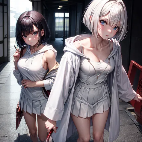 school hallway、Short bob hair with white volume、Angry Beauty、Bloody Japan sword in hand.、Dignified、Light white mini dress、White pleated skirt、hoodie worn up to the shoulders、A sexy、opening legs