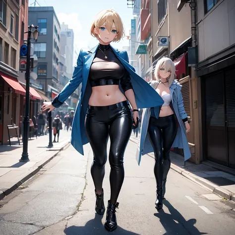 2D Anime Style、Blue eyes、breasts are slightly larger、A cool adult woman with short blonde hair and a serious expression....、Fashion that shows off your stomach, long leather pants and long coat, Walking around the city alone,