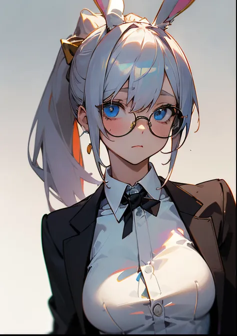 ((Best Quality)), ((masutepiece)), Perfect face,(((White rabbit ears))),(silber hair),a beauty girl,((Ponytail tied high)),Golden glasses,Blue eyes,Black coat,D Cup Breasts,(((white  shirt))),The upper part of the body