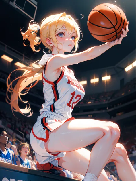 Best Quality, masutepiece,  High resolution, (Anime Heroine Illustration), Anime Paint, 1beautiful girl ,Dynamic Angle,Female basketball players,small head,Large breasts,nice legs, Glowing skin, Sweat,At the basketball venue ,Cool,