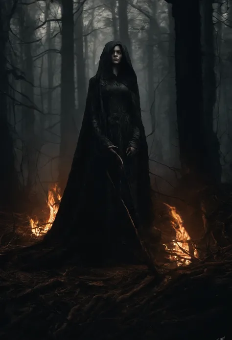 Imagine a moody and dense forest setting, where a woman with fire power stands, her face cloaked in shadows and illuminated only by the flickering flames she commands. The realism is heightened, capturing the details of her determined expression in the low...