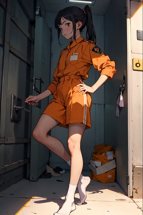 Anime beautiful girl takes off her socks and puts on orange prison uniform for inspection after being imprisoned