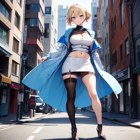 2D Anime Style、Blue eyes、breasts are slightly larger、A cool adult woman with short blonde hair updo and a shy expression....、Fashion that shows off your stomach, tight skirt and long coat, high heeled shoes,Walking around the city alone,