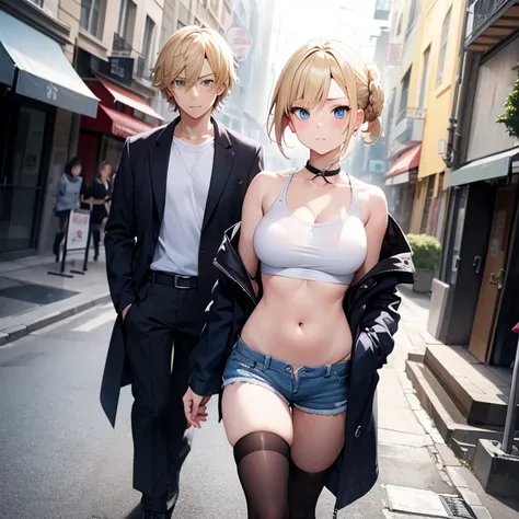 2D Anime Style、Blue eyes、breasts are slightly larger、A cool adult woman with short blonde hair updo and a shy expression.....、Fashion that shows your stomach, shorts and long coat, Walking around the city alone,