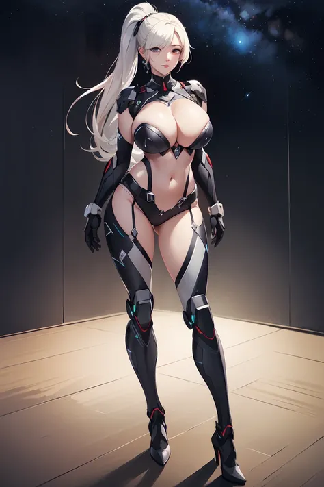 (Best quality,Unbeatable masterpiece:1.4),Ultra-detailed CG 4K,Black metal mech，Single high ponytail，Metal heels，Huge cleavage，Nipple presentation，Long white hair，enchanted，hair covering one eye，smooth thigh，standing with legs apart，in the stars，face to th...