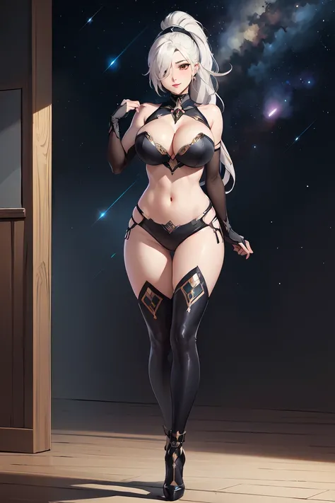 (Best quality,Unbeatable masterpiece:1.4),Ultra-detailed CG 4K,Black metal mech，Single high ponytail，Metal heels，Huge cleavage，Nipple presentation，Long white hair，enchanted，hair covering one eye，smooth thigh，standing with legs apart，in the stars，face to th...