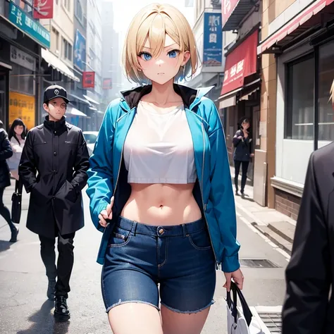 2D Anime Style、Blue eyes、breasts are slightly larger、A cool adult woman with short blonde hair and a serious expression.......、Fashion that shows off your stomach, shorts and long coat, Walking around the city alone,