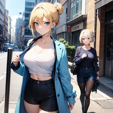 2D Anime Style、Blue eyes、breasts are slightly larger、A cool adult woman with short blonde updo hair and a serious expression.......、Fashion that shows off your stomach, shorts and long coat,have a bag in hand,Walking around the city alone,