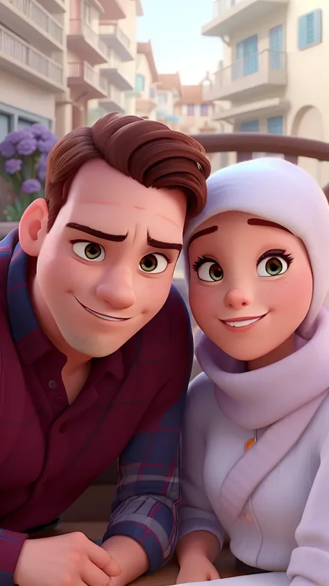 Casal (homem moreno um pouco acima do peso e mulher branca de olhos claros cinza) no estilo Disney Pixar, alta qualidade, melhor qualidade.