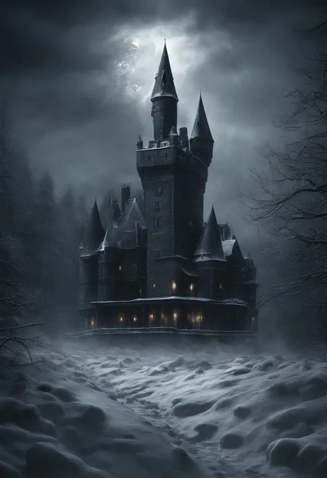 Craft a cinematic hyper-realistic image featuring a castle shrouded in an eerie, dark ambiance amidst a snow-covered landscape. The moonlight casts long shadows over the snow, revealing the intricate details of the castles architecture. The stark contrast ...