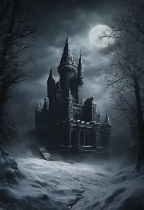 Craft a cinematic hyper-realistic image featuring a castle shrouded in an eerie, dark ambiance amidst a snow-covered landscape. The moonlight casts long shadows over the snow, revealing the intricate details of the castles architecture. The stark contrast ...