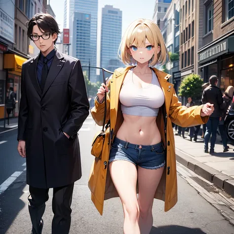 2D Anime Style、Blue eyes、breasts are slightly larger、A cool adult woman with short blonde uptail hair and a serious expression........、Fashion that shows off your stomach, shorts and long coat,have a bag in hand,Walking around the city alone,