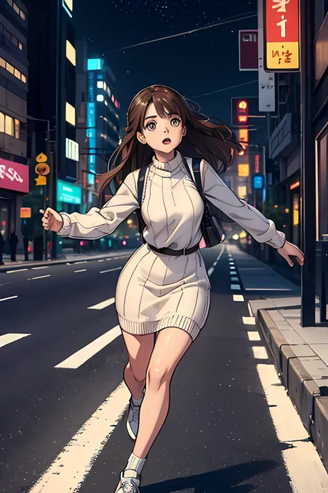 a lady, hazel eyes, brown hair , in a pastel long knitted dress, white sneaker shoes, running in fear, black city highway night with no cars, high resolutions, korean