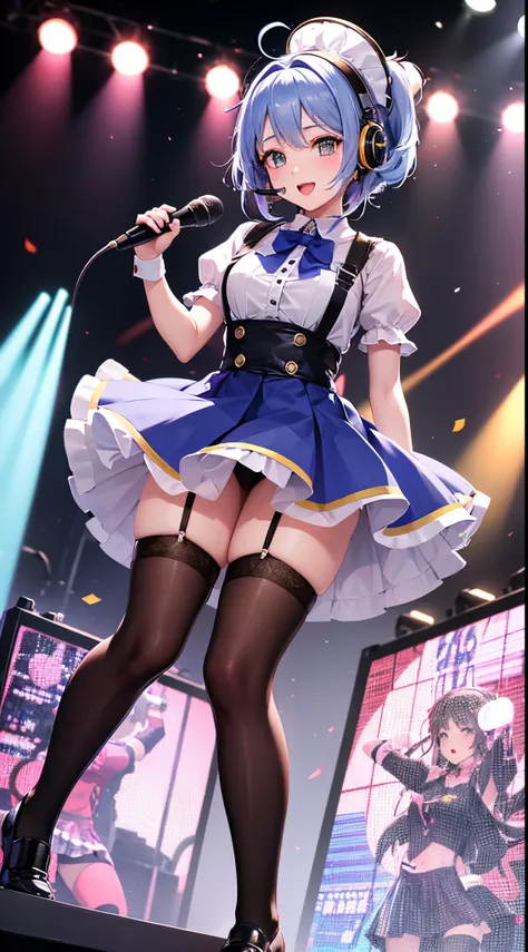 A lively and cute girl。Wearing a colorful skirt。Singing with a headset on your head。Fair skin。Dewy skin leg ring。perfect stage lighting。Wear suspender stockings