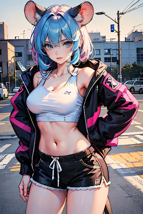 1girl in, Pink twin-tailed hair, blue eyess, a navel, Look at viewers, put hands on the hip, Black jacket, Dolphin Shorts, Rat trail section, (white  shirt:1.2),  Very long hair, Wide waist,Tank Tops、
Big(BodyProportions),