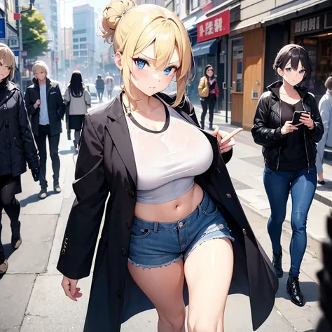 2D Anime Style、Blue eyes、breasts are slightly larger、A cool adult woman with blonde updo and a serious expression........、Fashion that shows off your stomach, shorts and long coat,Holding a bag in your right hand,Hold your smartphone in your left hand,Walk...