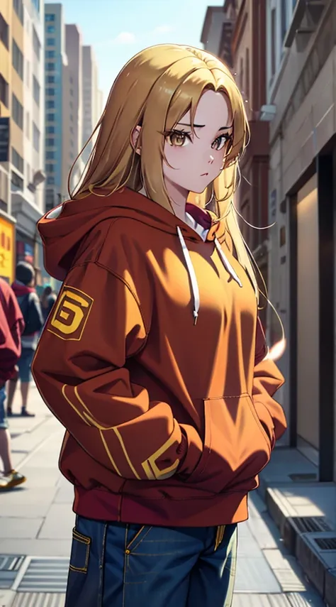 Brown eyes with yellow hair, red hoodie 
and blur jeans, standing,street background ,long hair,