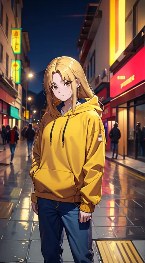 Brown eyes with yellow hair, red hoodie 
and blur jeans, standing,street background ,long hair,