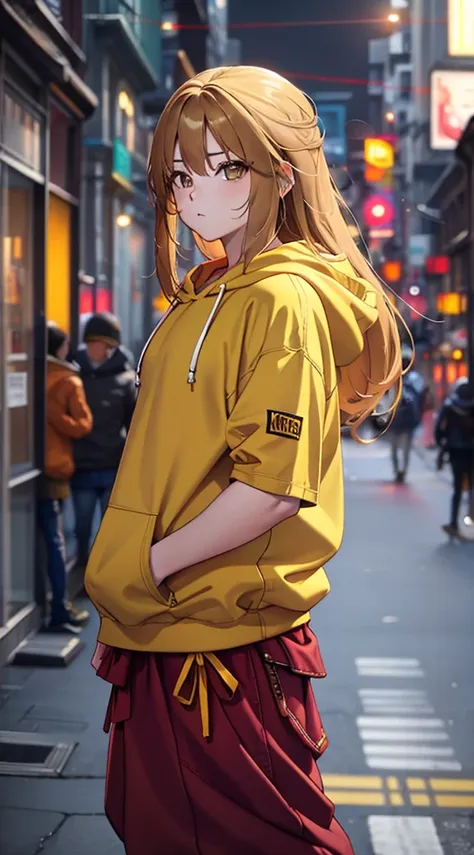 brown eyes with yellow hair, red hoodie 
and blur jeans, standing,street background ,long hair,