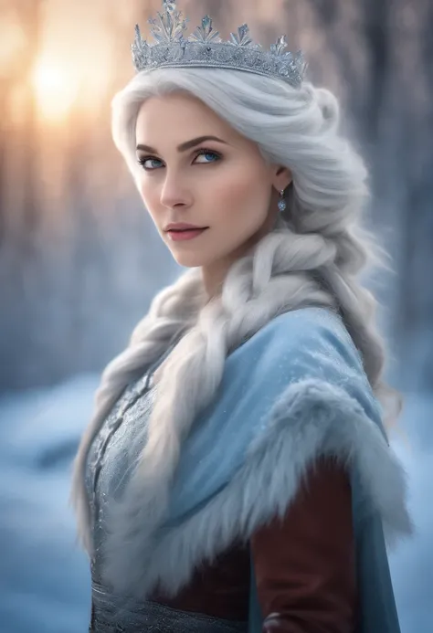 A girl with gray hair and ice powers in a frozen landscape with snow and a crown of ice,(Best Quality,hight resolution,Masterpiece:1.2)Ultra-detailed,Realistic, HDR, studio lightning, extreme detail description, Professional, sharp-focus, physical based re...