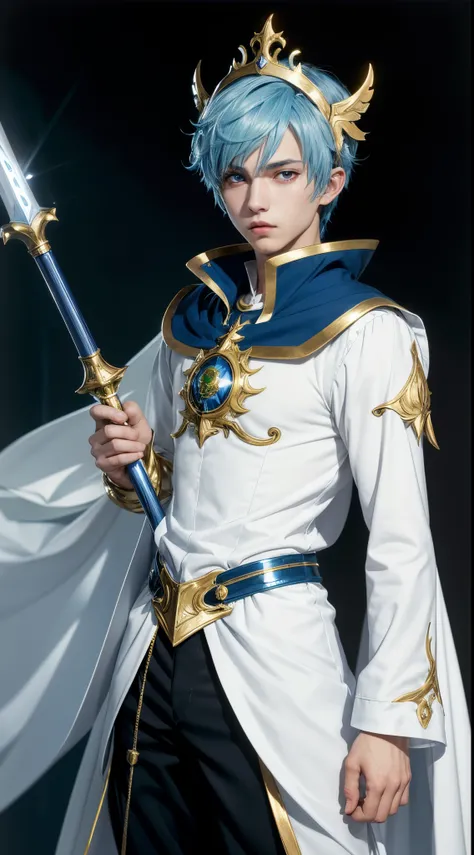 (absurdres, highres, ultra detailed, HDR), masterpiece, best quality, "magic knight rayearth" Character handsome boy in white outfit short hair wearing detailed headgear blue hair